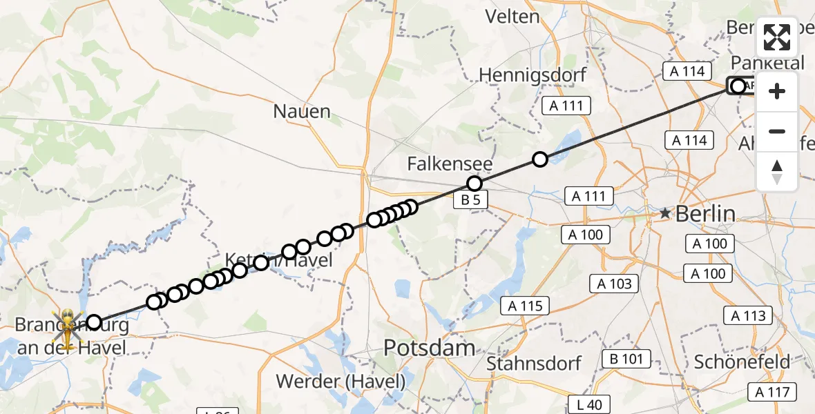 Flugroute Rettungshubschrauber Helios Clinic Berlin-Buch Heliport - Brandenburg an der Havel, 23 Februar 2026, 17:19
