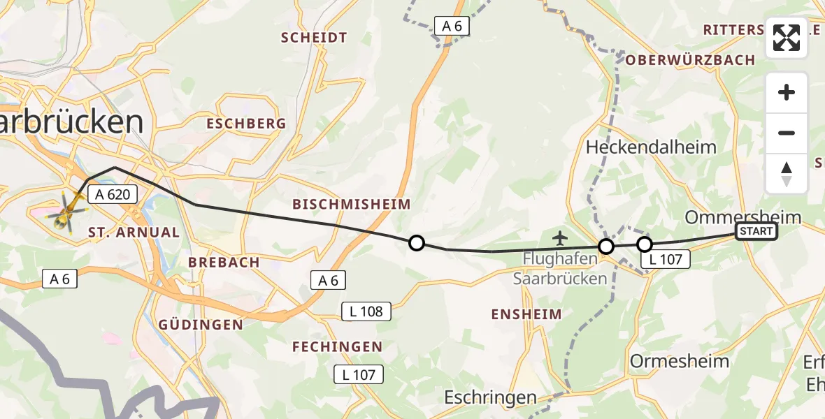 Flugroute Rettungshubschrauber Ommersheim - Saarbrücken, 23 Februar 2026, 17:19