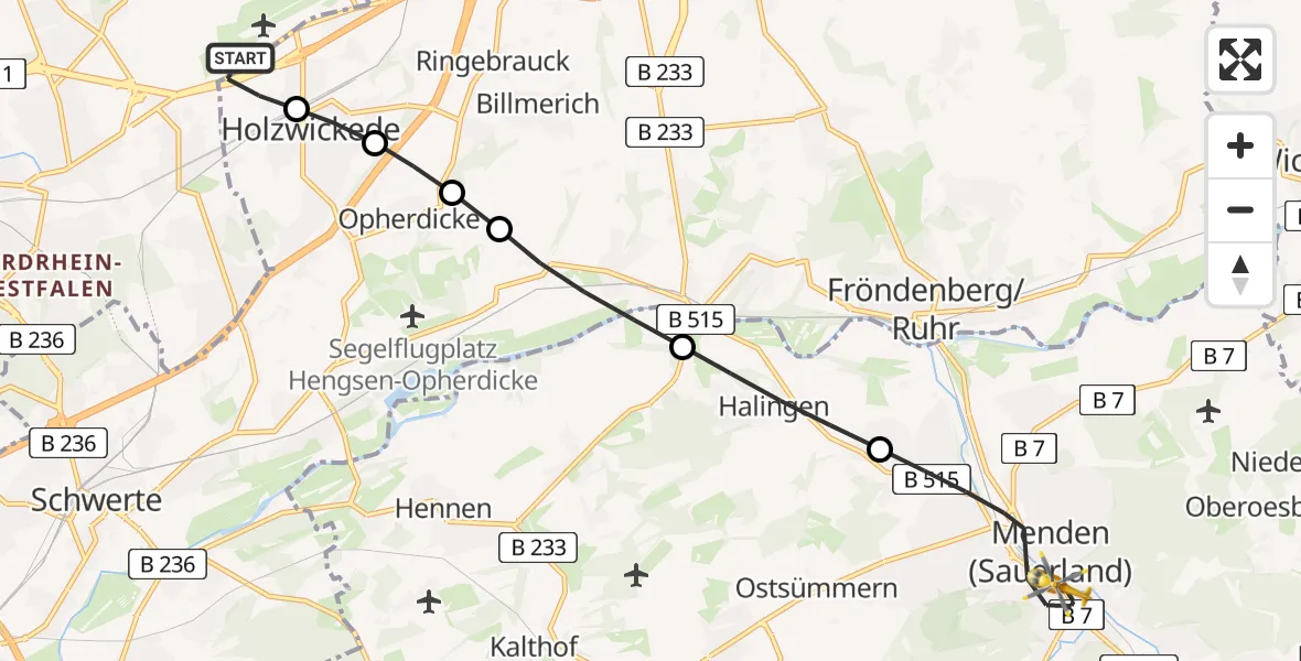 Flugroute Ambulanzhubschrauber Dortmund Airport - Menden (Sauerland), 23 Februar 2026, 17:32