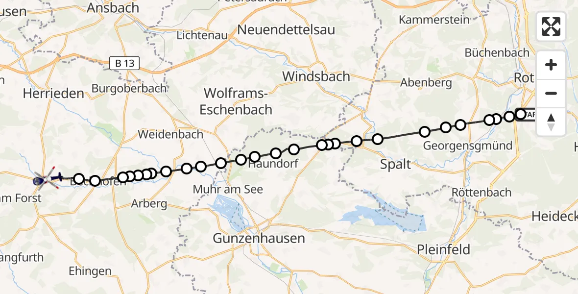 Flugroute Polizeihubschrauber Roth Airfield - Forndorf, 23 Februar 2026, 17:38