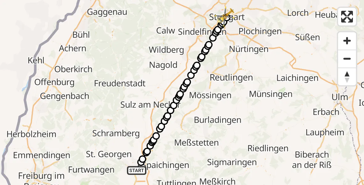 Flugroute Rettungshubschrauber Villingen-Schwenningen - Stuttgart, 23 Februar 2026, 17:53