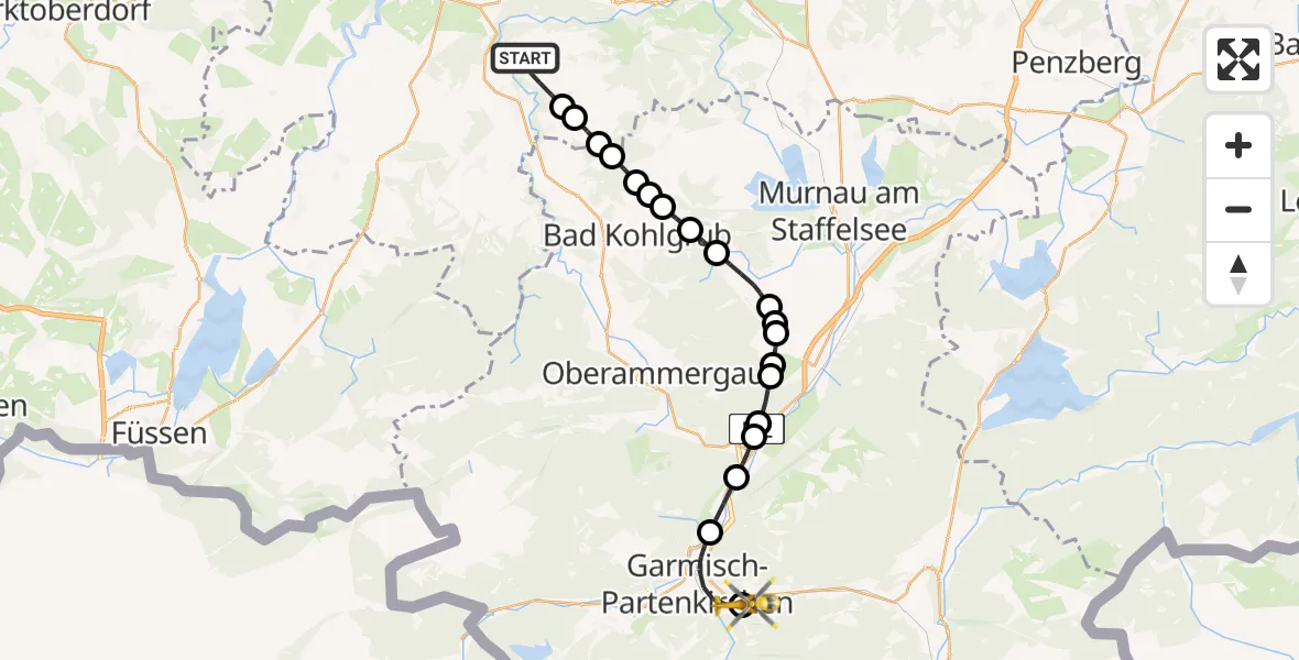 Flugroute Rettungshubschrauber Böbing - Garmisch-Partenkirchen Clinic Heliport, 23 Februar 2026, 17:59