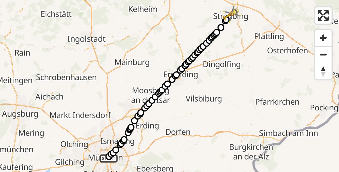 Flugroute Rettungshubschrauber Rechts der Isar University Hospital Heliport - Straubing, 23 Februar 2026, 18:05