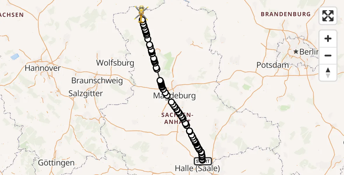 Flugroute Ambulanzhubschrauber Halle-Oppin Airfield - Salzwedel, 23 Februar 2026, 18:06