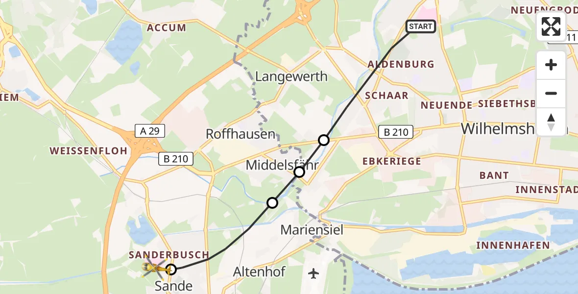 Flugroute Rettungshubschrauber Wilhelmshaven - Sande, 23 Februar 2026, 18:06