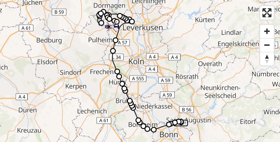 Flugroute Polizeihubschrauber Sankt Augustin - Chorweiler, 23 Februar 2026, 18:12