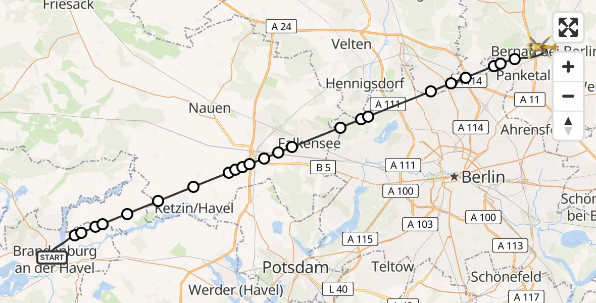 Flugroute Rettungshubschrauber Brandenburg an der Havel - Bernau, 23 Februar 2026, 18:26