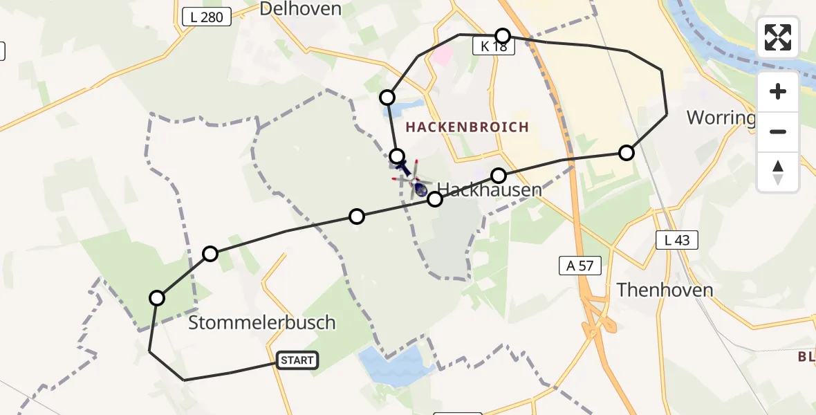 Flugroute Polizeihubschrauber Stommelerbusch - Dormagen, 23 Februar 2026, 18:38