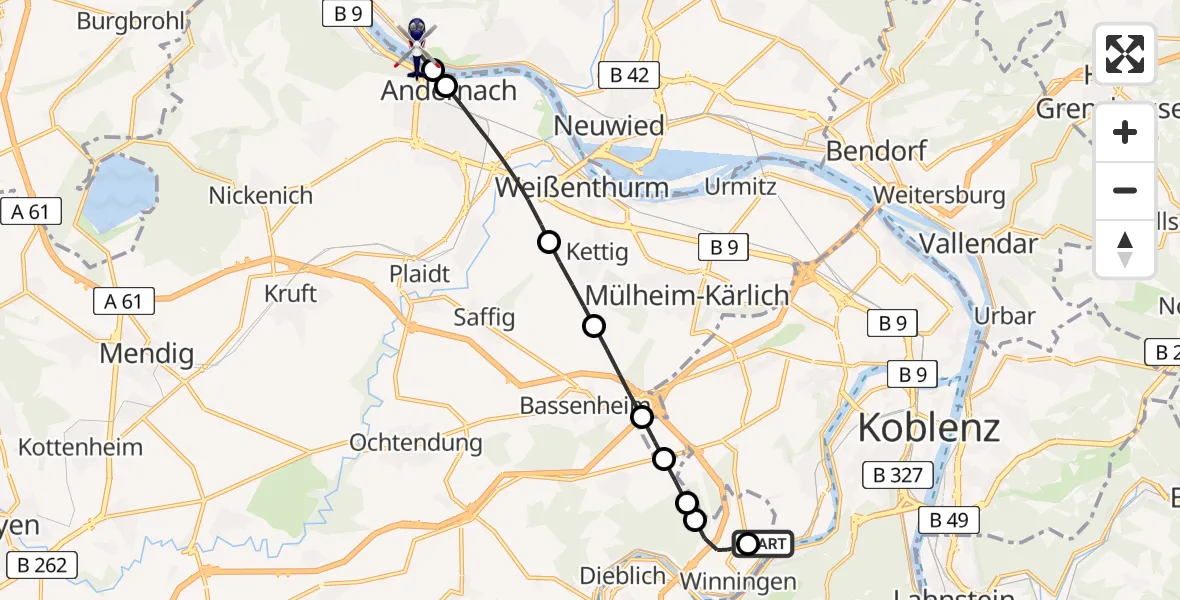 Flugroute Polizeihubschrauber Koblenz-Winningen Airfield - Leutesdorf, 23 Februar 2026, 19:29