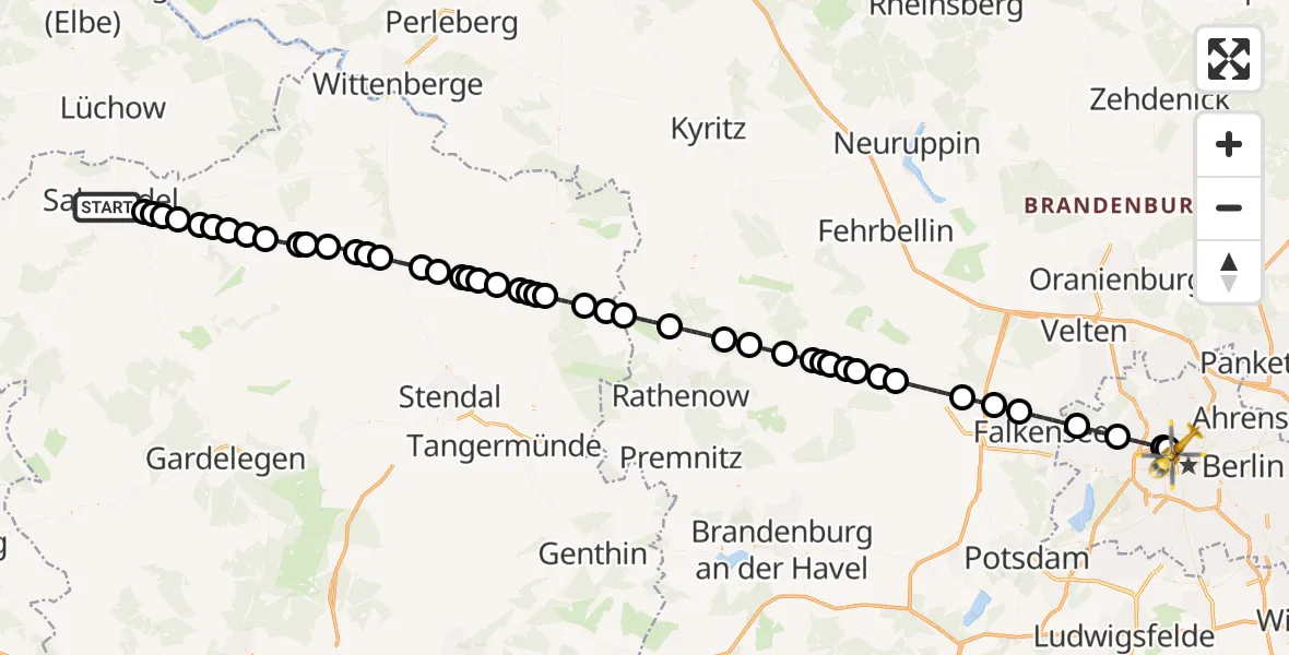 Flugroute Ambulanzhubschrauber Salzwedel - Berlin, 23 Februar 2026, 19:34