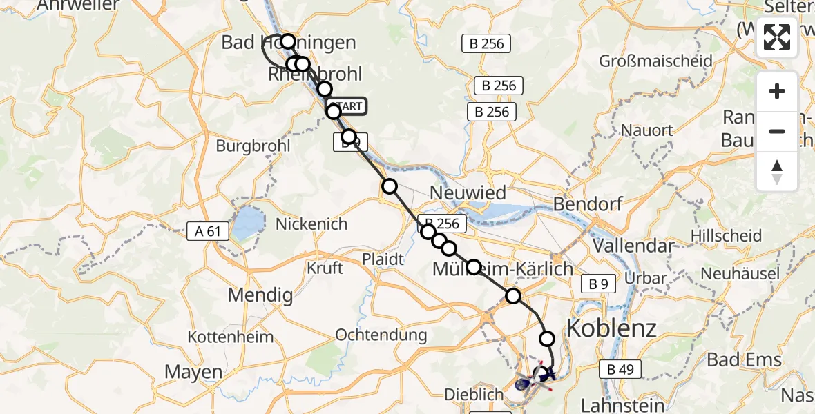 Routekaart van de vlucht: Polizeihubschrauber nach Koblenz-Winningen Airfield