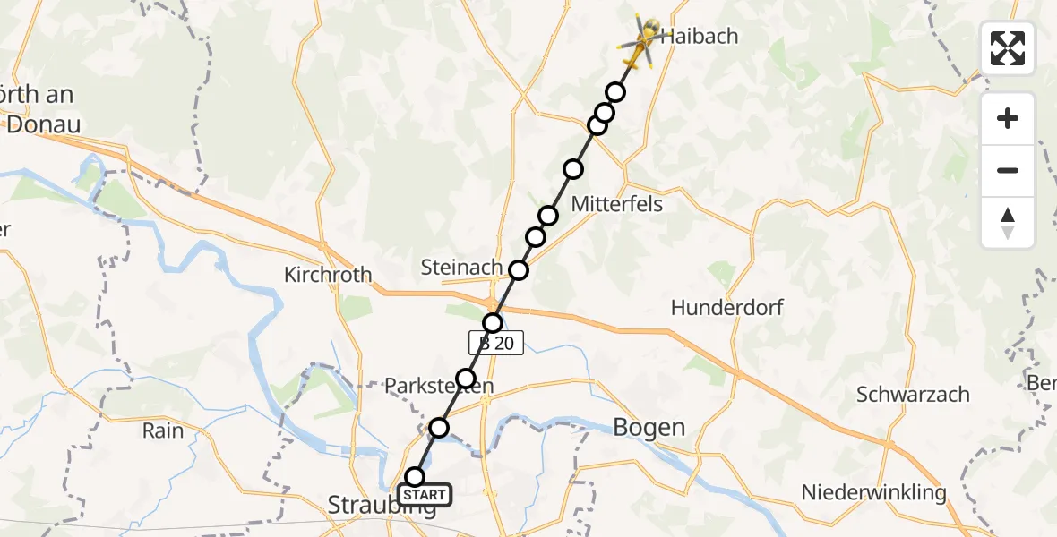 Flugroute Rettungshubschrauber Sankt Elisabeth Hospital Straubing Heliport - Roßhaupten, 24 Februar 2026, 05:57
