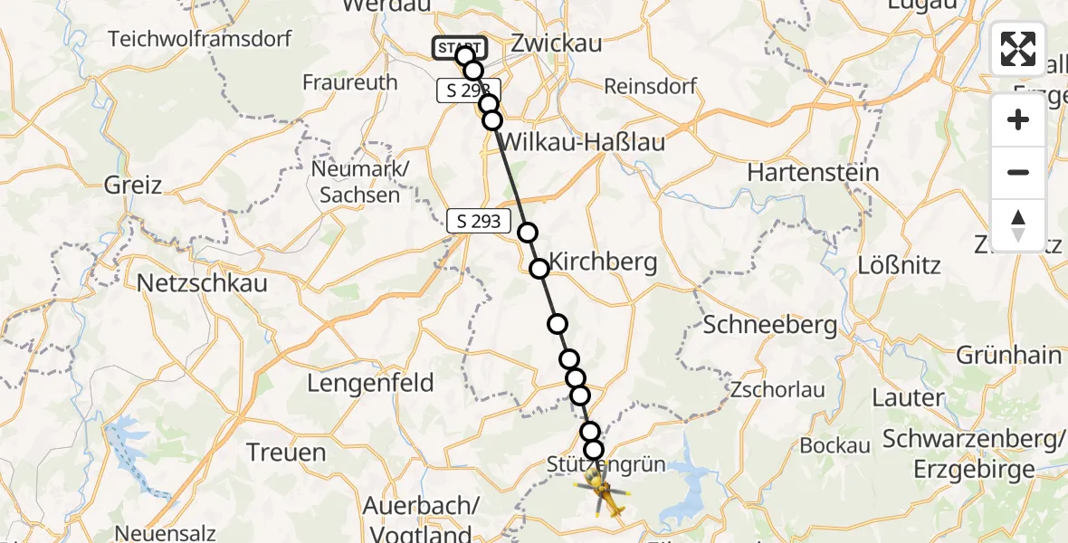 Flugroute Rettungshubschrauber ADAC Air Rescue Station Zwickau Heliport - Stützengrün, 24 Februar 2026, 06:13
