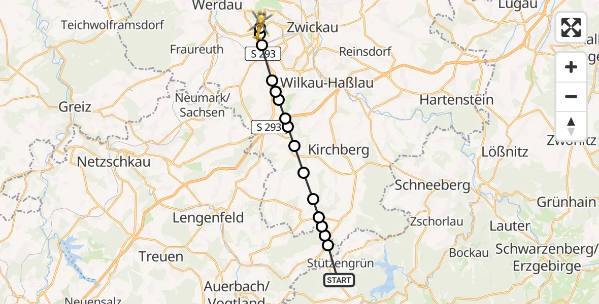 Flugroute Rettungshubschrauber Stützengrün - ADAC Air Rescue Station Zwickau Heliport, 24 Februar 2026, 06:47