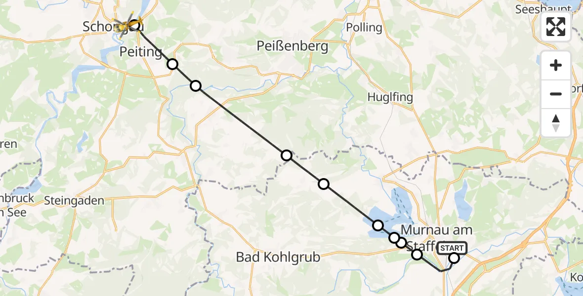 Flugroute Rettungshubschrauber Murnau Accident Hospital Heliport - Schongau, 24 Februar 2026, 07:08