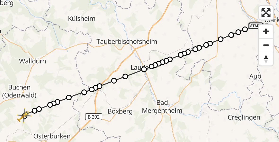 Flugroute Rettungshubschrauber Hohestadt - Bödigheim, 24 Februar 2026, 07:14