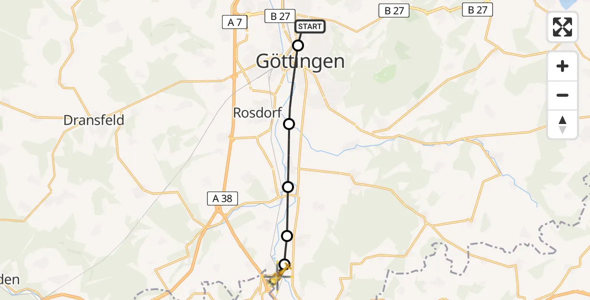 Flugroute Rettungshubschrauber Göttingen University Clinic Heliport - Friedland, 24 Februar 2026, 07:20
