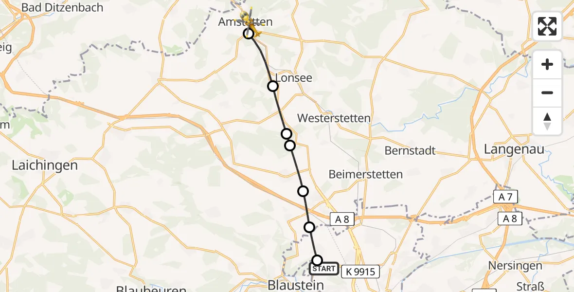 Flugroute Rettungshubschrauber ADAC Air Rescue Station Ulm (Christoph 22) - Amstetten, 24 Februar 2026, 07:36