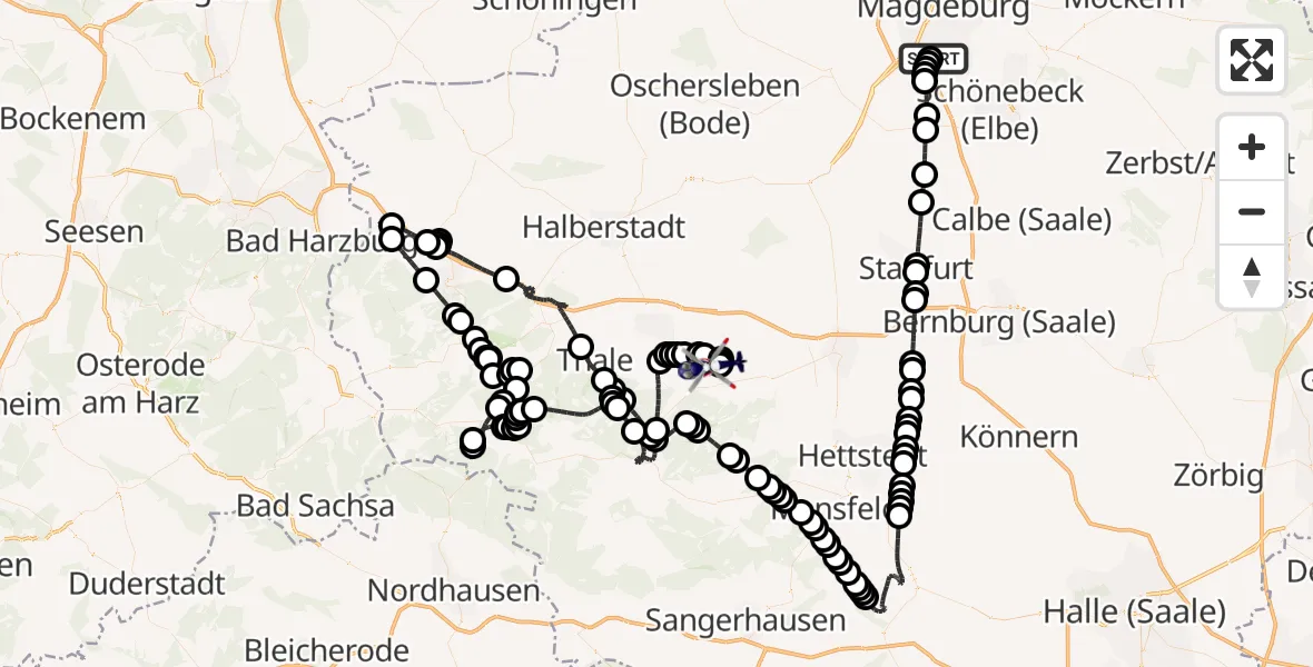 Flugroute Polizeihubschrauber Magdeburg City Airfield - Ballenstedt, 24 Februar 2026, 07:39