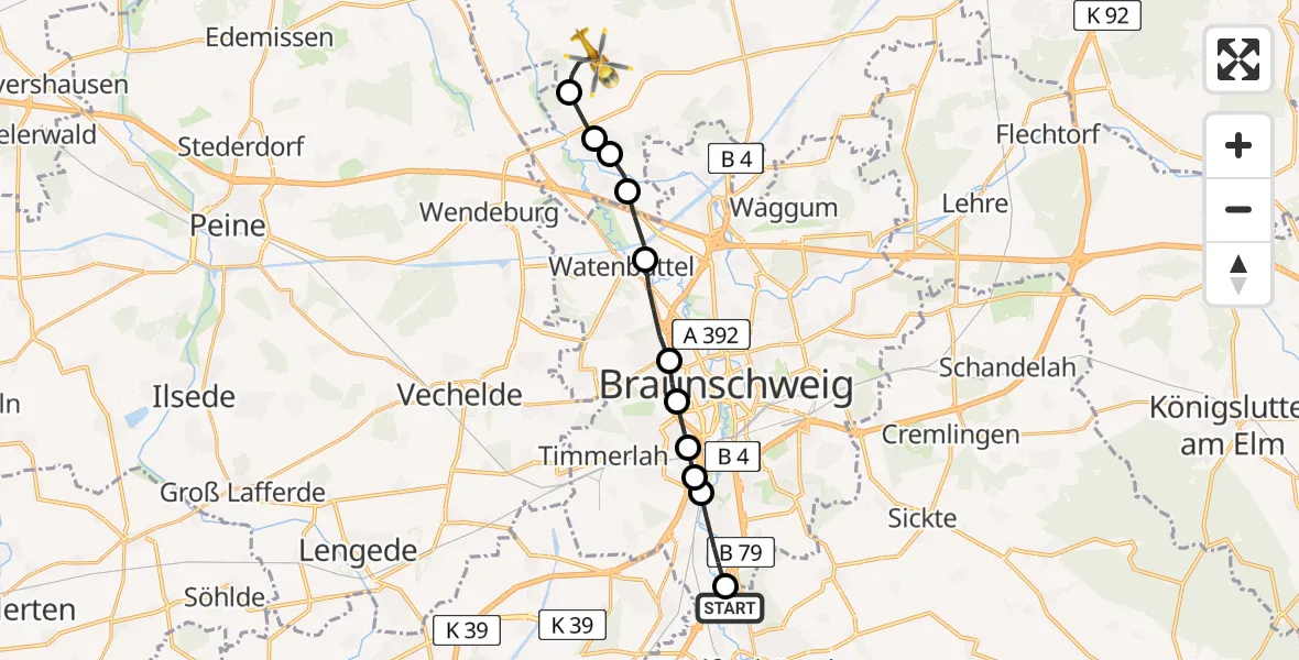 Flugroute Rettungshubschrauber Wolfenbüttel - Adenbüttel, 24 Februar 2026, 07:44