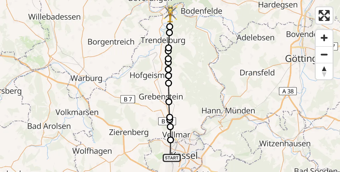 Flugroute Rettungshubschrauber Kassel - Helmarshausen, 24 Februar 2026, 07:49