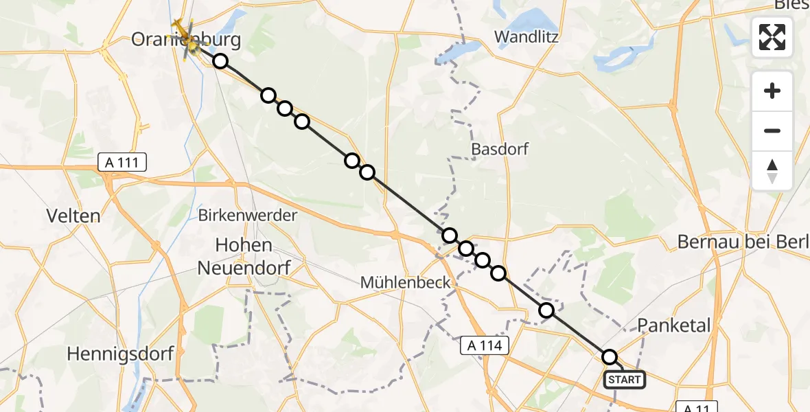 Flugroute Rettungshubschrauber Helios Clinic Berlin-Buch Heliport - Oranienburg, 24 Februar 2026, 07:50