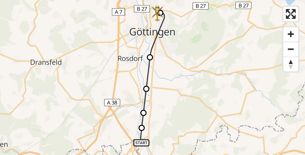 Flugroute Rettungshubschrauber Friedland - Göttingen University Clinic Heliport, 24 Februar 2026, 08:08