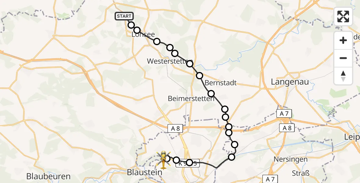 Flugroute Rettungshubschrauber Urspring - ADAC Air Rescue Station Ulm (Christoph 22), 24 Februar 2026, 08:09