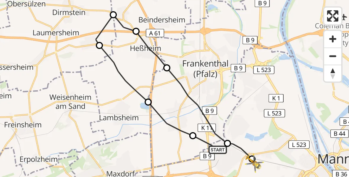 Flugroute Rettungshubschrauber Ludwigshafen am Rhein - Ludwigshafen Accident Hospital Heliport, 24 Februar 2026, 08:14