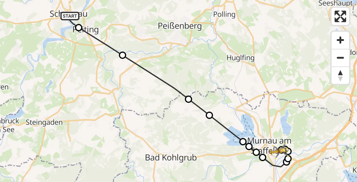 Flugroute Rettungshubschrauber Schongau - Murnau Accident Hospital Heliport, 24 Februar 2026, 08:17