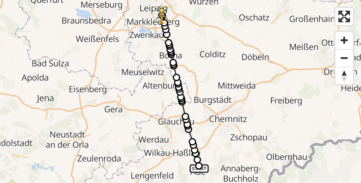 Routekaart van de vlucht: Rettungshubschrauber nach Leipzig Heart Center Rooftop Heliport