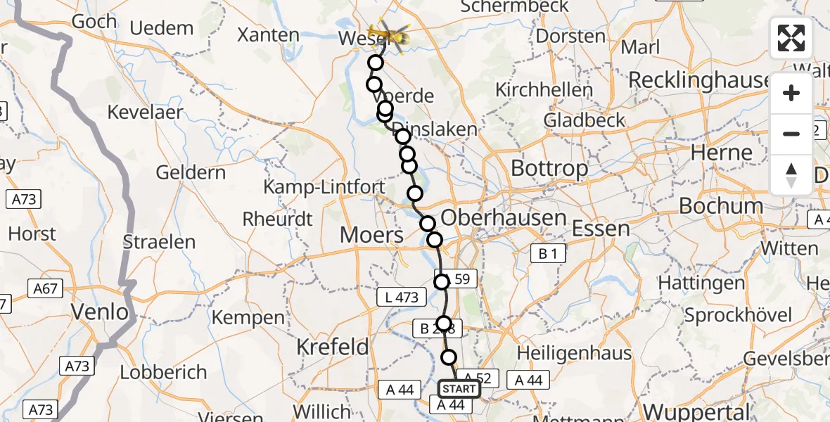 Flugroute Rettungshubschrauber Düsseldorf Airport - Wesel, 24 Februar 2026, 08:36