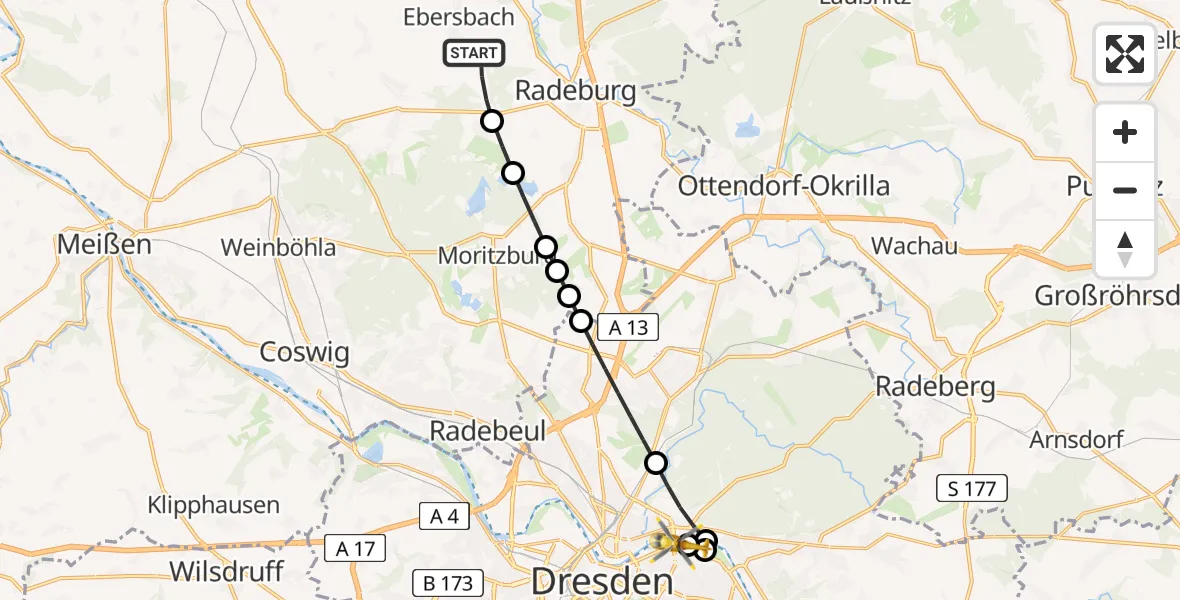Flugroute Rettungshubschrauber Ebersbach - Dresden Elbwiesen Heliport, 24 Februar 2026, 08:37