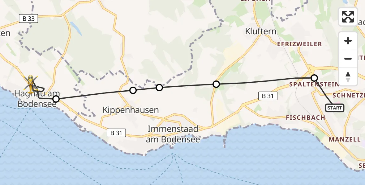 Flugroute Rettungshubschrauber Friedrichshafen Hospital Heliport - Hagnau am Bodensee, 24 Februar 2026, 08:43