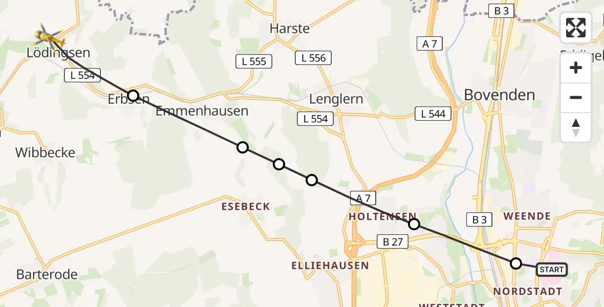 Flugroute Rettungshubschrauber Göttingen University Clinic Heliport - Adelebsen, 24 Februar 2026, 08:43