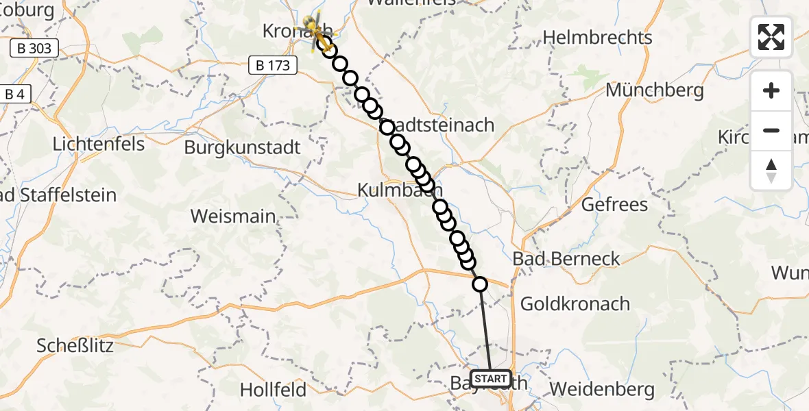 Flugroute Rettungshubschrauber Bayreuth - Ruppen, 24 Februar 2026, 08:46