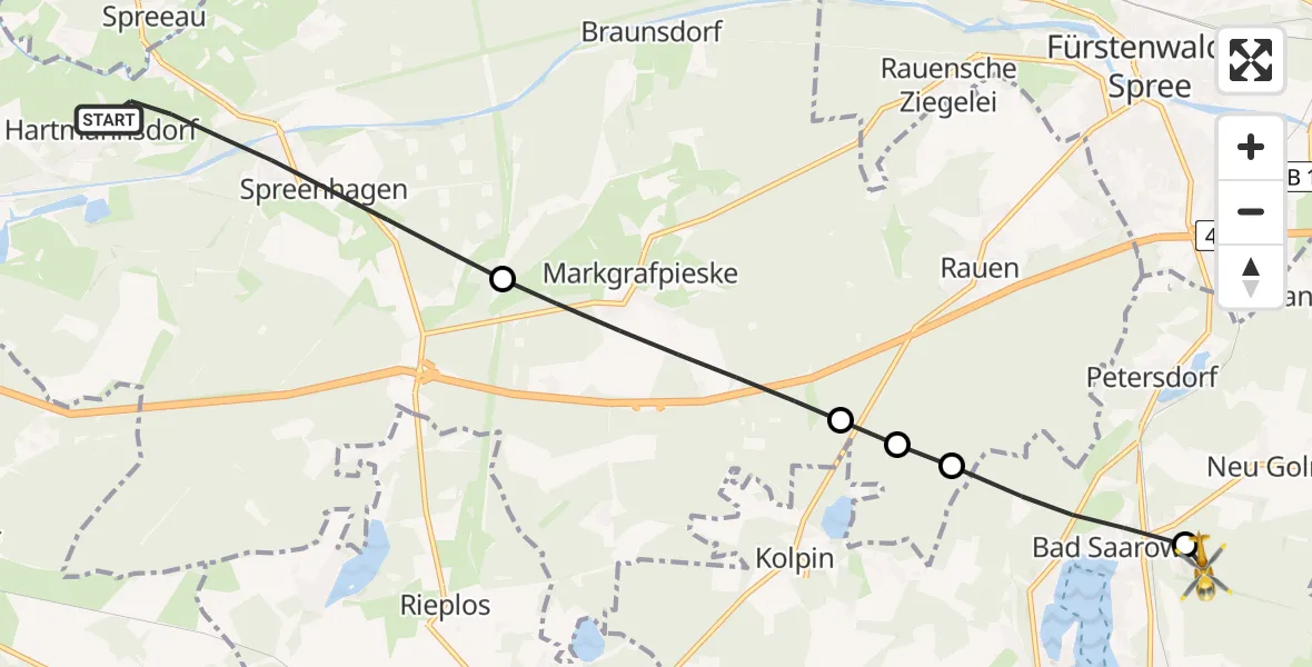 Flugroute Rettungshubschrauber Spreenhagen - Bad Saarow, 24 Februar 2026, 08:55