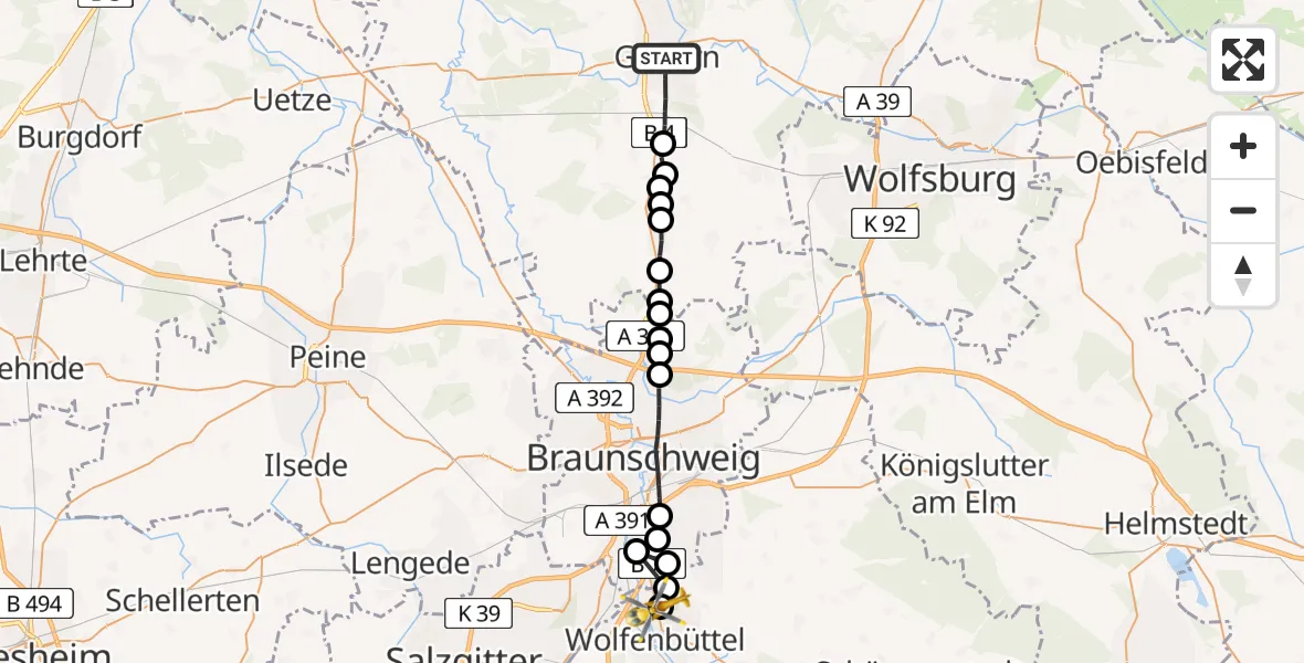 Flugroute Rettungshubschrauber Gifhorn - Wolfenbüttel Municipal Hospital Heliport (Christoph 30), 24 Februar 2026, 09:11
