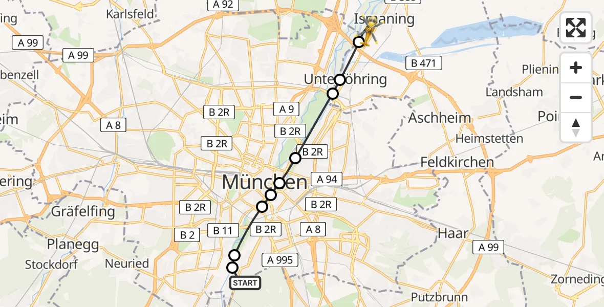 Flugroute Rettungshubschrauber ADAC Air Rescue Center Heliport (Christoph 1) - Ismaning, 24 Februar 2026, 09:20