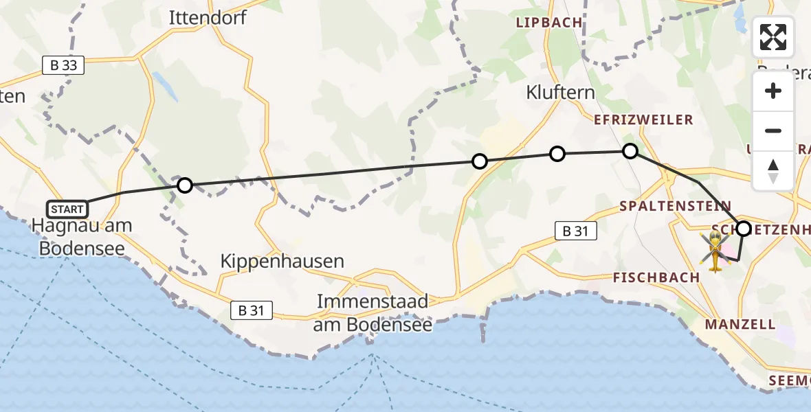 Flugroute Rettungshubschrauber Hagnau am Bodensee - Friedrichshafen Hospital Heliport, 24 Februar 2026, 09:28