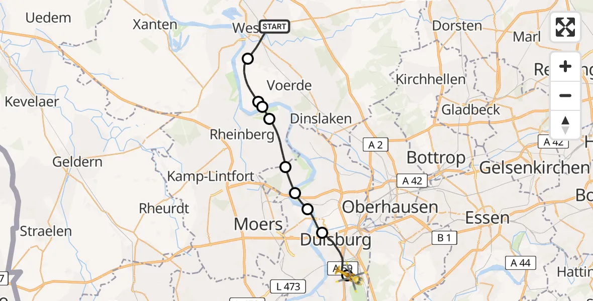 Flugroute Rettungshubschrauber Wesel - Sana Clinic Duisburg Heliport, 24 Februar 2026, 09:37