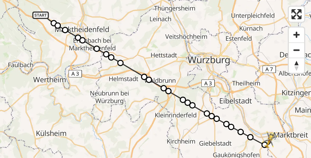 Flugroute Rettungshubschrauber Oberndorf - Ochsenfurt Hospital Heliport, 24 Februar 2026, 09:42
