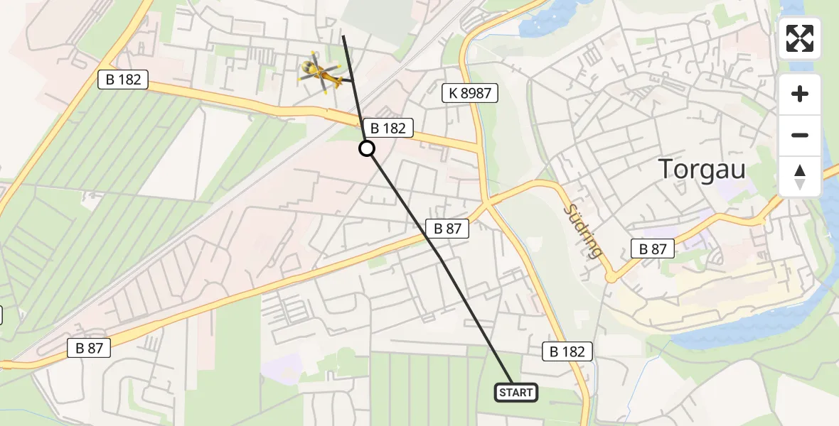 Flugroute Rettungshubschrauber Torgau - Torgau District Hospital Heliport, 24 Februar 2026, 09:45