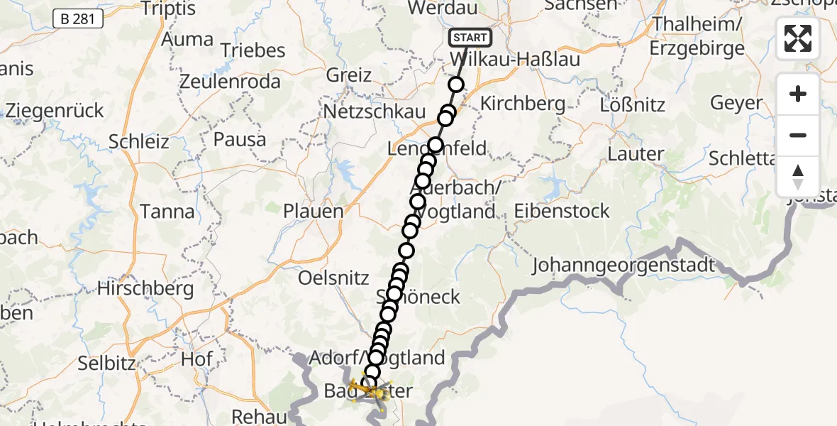 Flugroute Rettungshubschrauber Lichtentanne - Bad Elster, 24 Februar 2026, 09:50
