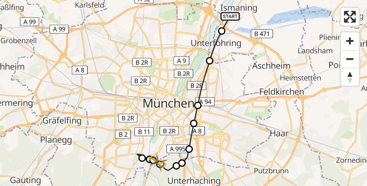 Flugroute Rettungshubschrauber Ismaning - ADAC Air Rescue Center Heliport (Christoph 1), 24 Februar 2026, 10:00