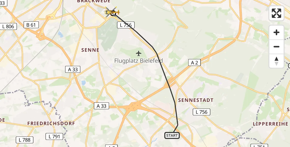 Flugroute Rettungshubschrauber Bielefeld - Luftrettungszentrum Bielefeld, 24 Februar 2026, 10:04