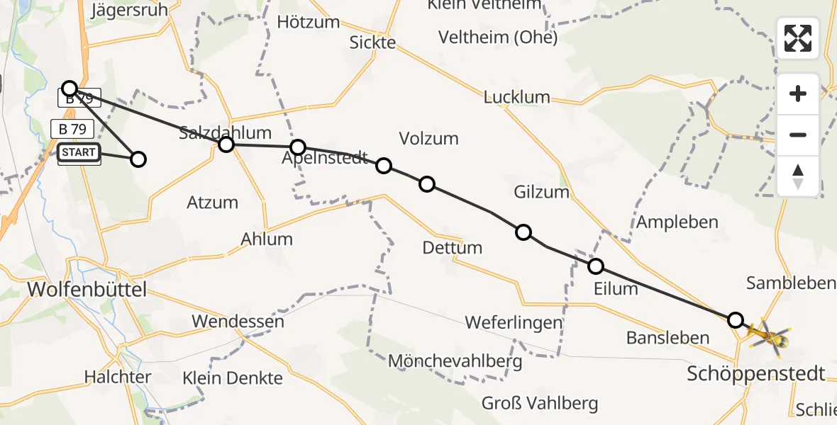 Flugroute Rettungshubschrauber Braunschweig-Süd - Schöppenstedt, 24 Februar 2026, 10:15