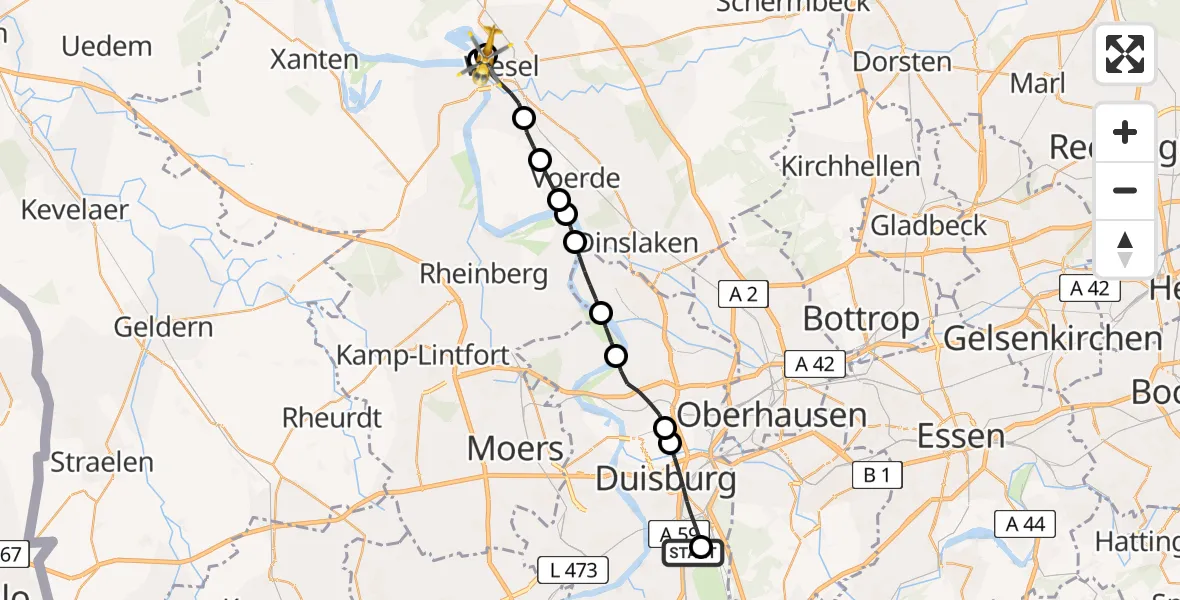 Flugroute Rettungshubschrauber Sana Clinic Duisburg Heliport - Wesel, 24 Februar 2026, 10:23