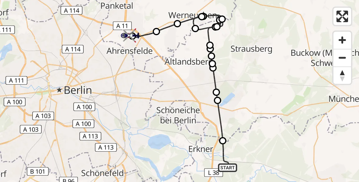 Flugroute Polizeihubschrauber Grünheide (Mark) - Ahrensfelde Heliport, 24 Februar 2026, 10:30
