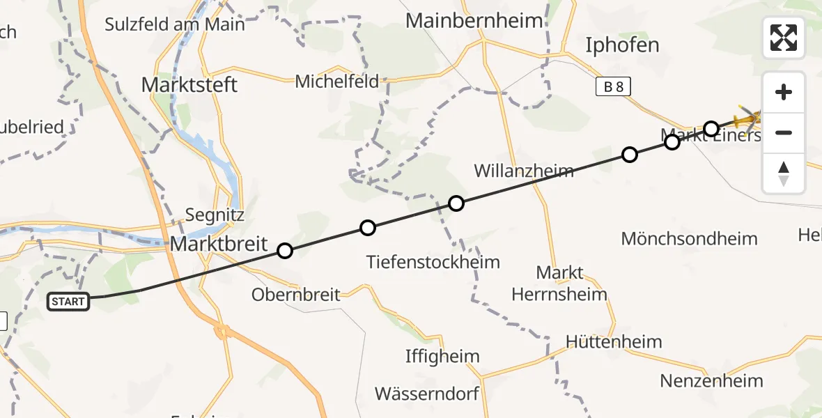 Flugroute Rettungshubschrauber Marktbreit - Markt Einersheim, 24 Februar 2026, 10:34